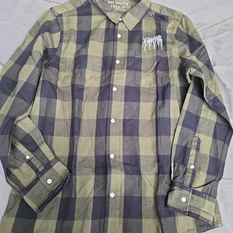 BAD MONDAY FLANNEL SHIRT – OLIVE/BLACK CHECK, MEN'S BUTTON-DOWN WITH EMBROIDERED CHEST LOGO - LARGE