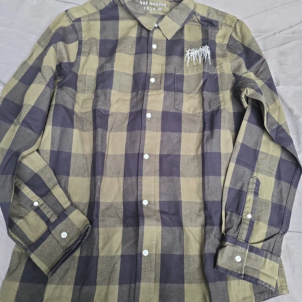 BAD MONDAY FLANNEL SHIRT – OLIVE/BLACK CHECK, MEN'S BUTTON-DOWN WITH EMBROIDERED CHEST LOGO - LARGE