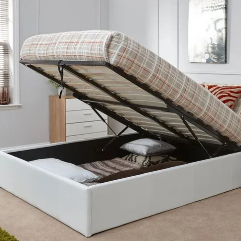 BOXED END LIFT OTTOMAN 4' SMALL DOUBLE BED FRAME - MATT WHITE (2 BOXES)