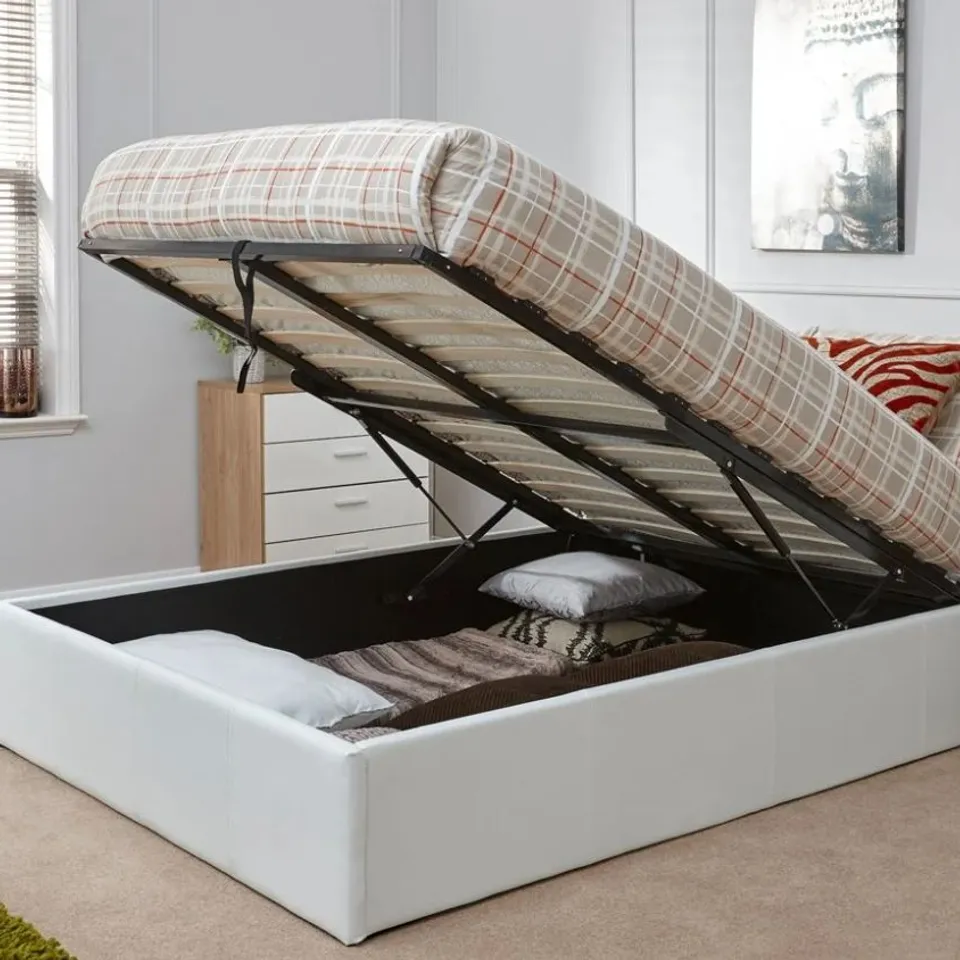 BOXED END LIFT OTTOMAN 4' SMALL DOUBLE BED FRAME - MATT WHITE (2 BOXES)