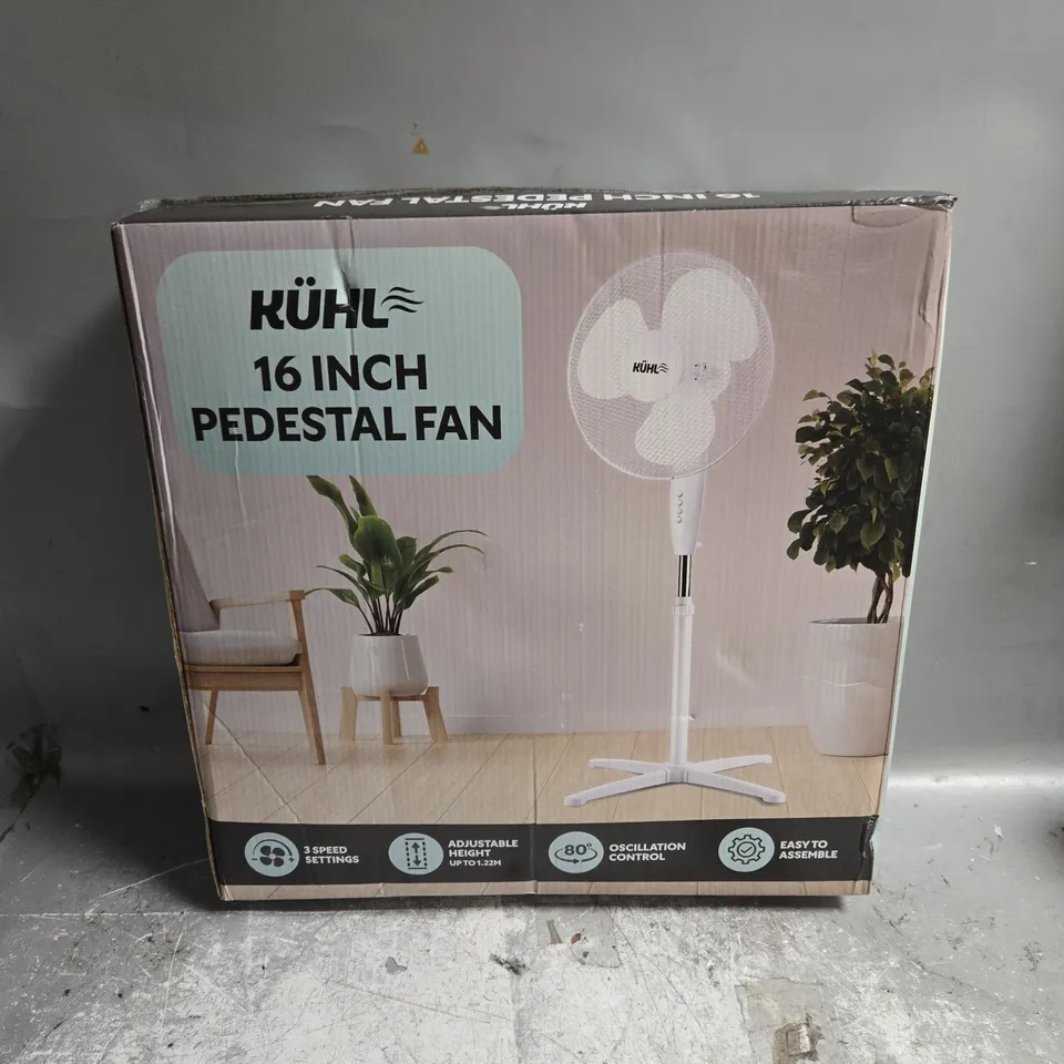 BOXED KUHL 16" PEDESTAL FAN IN WHITE 
