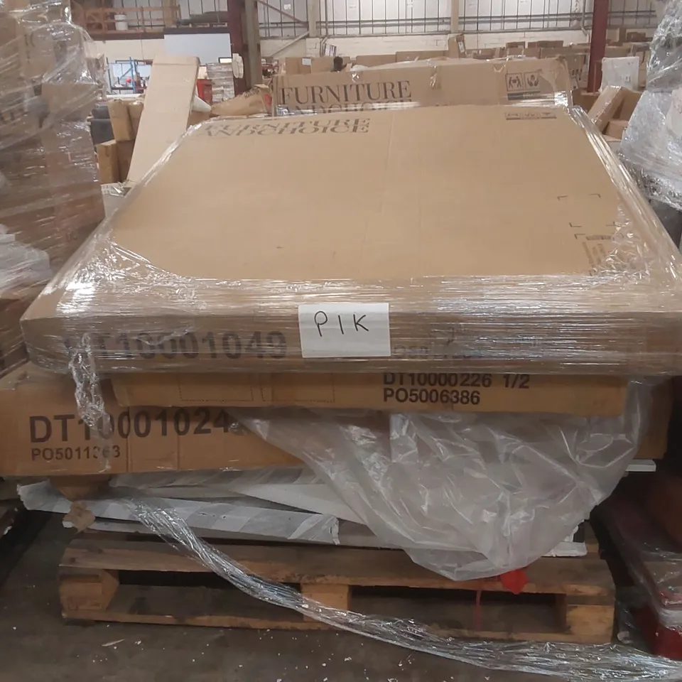 PALLET CONTAINING A LARGE QUANTITY OF ASSORTED DESIGNER FURNITURE PARTS INCLUDING: DINING TABLE PARTS ECT