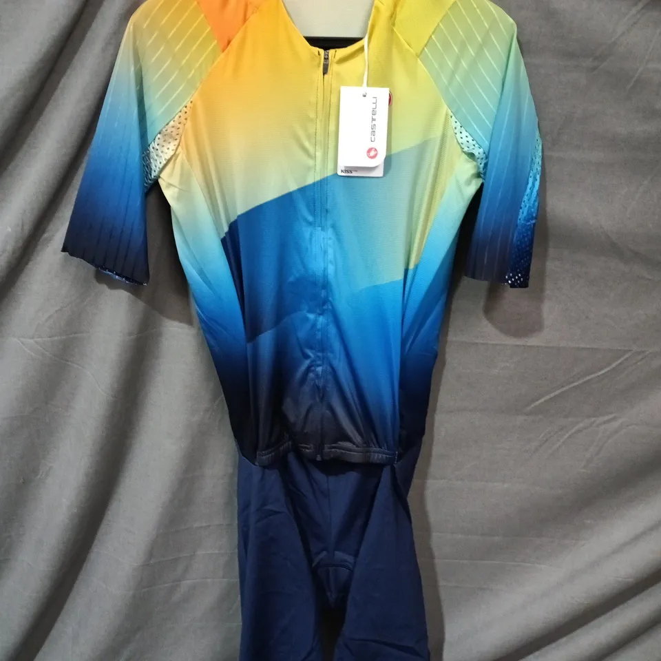 CASTELLI FREE SANREMO 3 SUIT SHORT SLEEVE IN GRADIENT YELLOW TO BLUE SIZE XXL