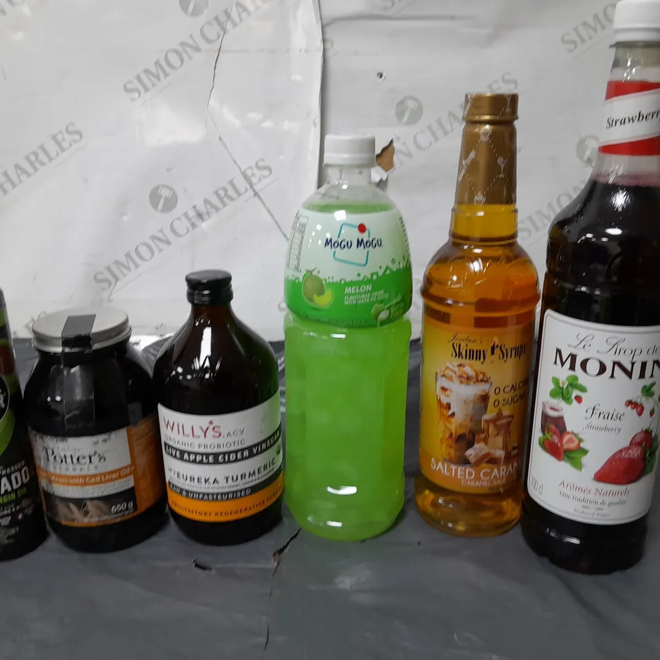 LOT OF 6 ASSORTED FOOD ITEMS TO INCLUDE APPLE CIDER VINEGAR, POTTERS COD LIVER OIL AND EXTRA VIRGIN OLIVE OIL