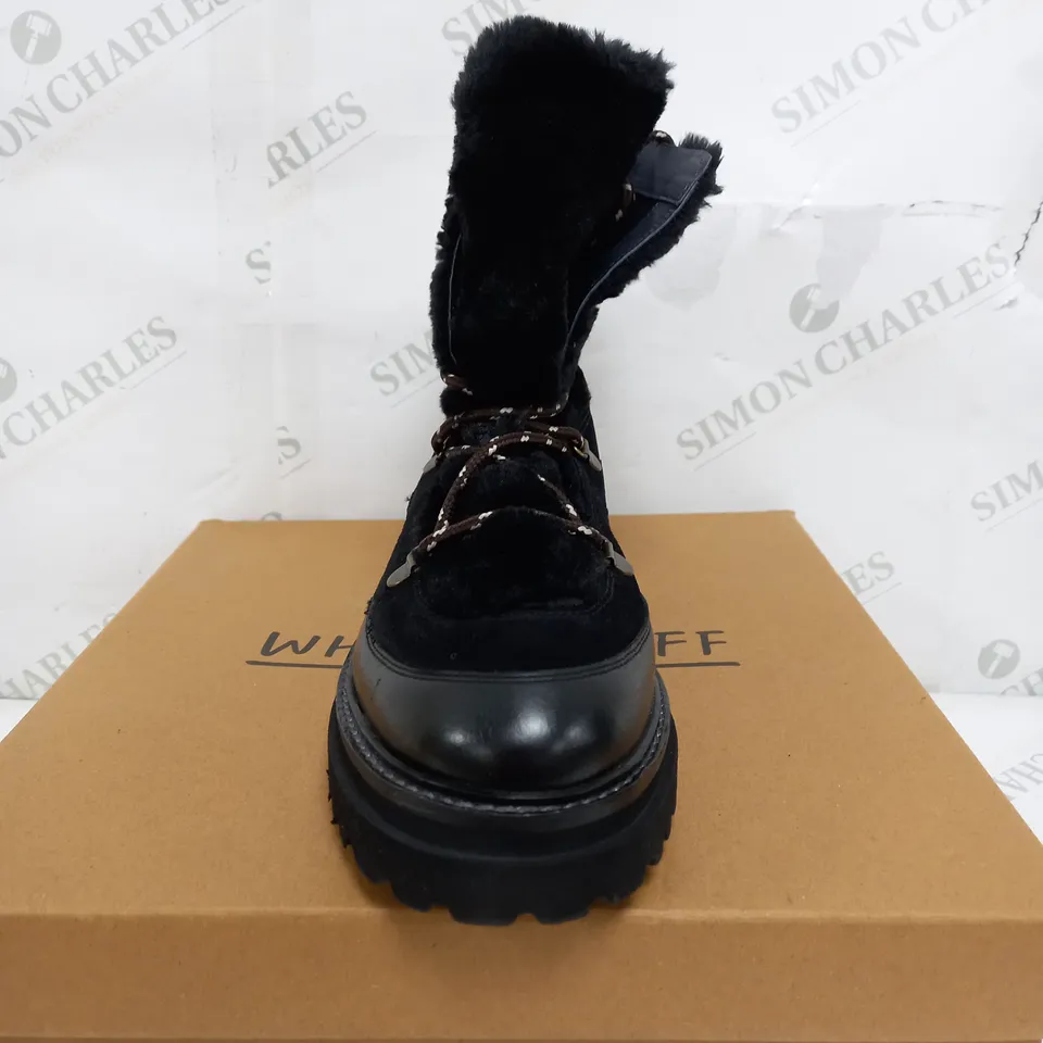 BOXED PAIR OF WHITE STUFF HAILEY LACE UP HIKER BOOT IN BLACK - UK 6 
