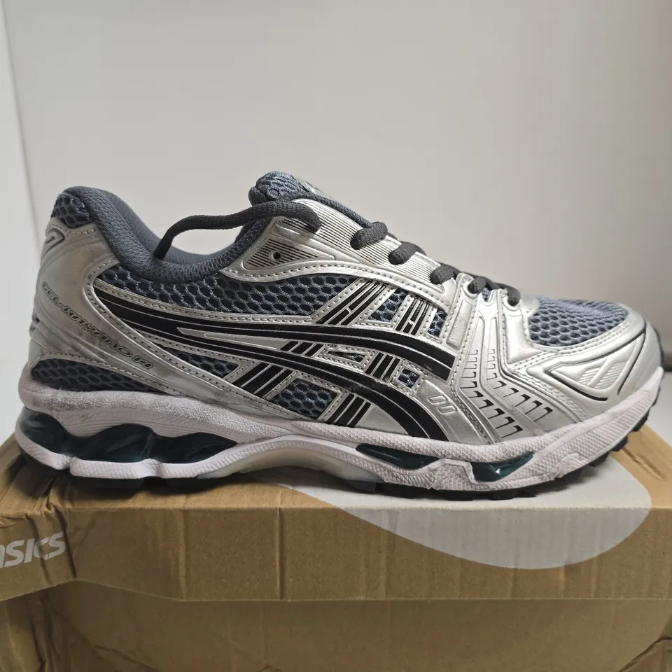 BOXED PAIR OF ASICS GEL-KAYANO 14 RUNNING SHOES – SILVER/GREY, UK 9