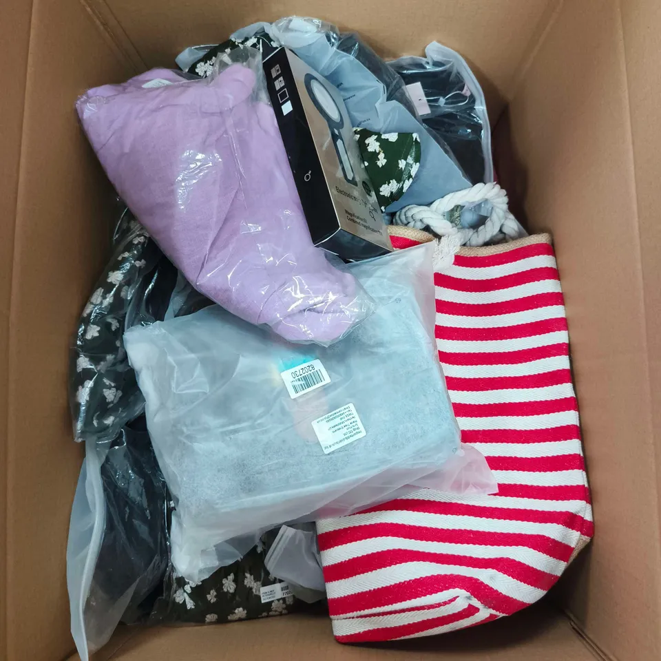 BOX OF APPROXIMATELY 20 ASSORTED ITEMS TO INCLUDE RED/WHITE TOTE BAG, LA MAREY CLOTHING, HANDBAG, ELECTRONIC MAGNIFYING GLASS ETC