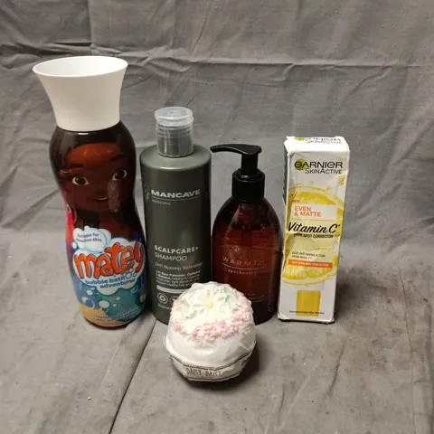 APPROXIMATELY 20 HEALTH AND BEAUTY PRODUCTS TO INCLUDE MATEY BUBBLE BATH, MANCAVE SCALP CARE SHAMPOO AND GARNIER DARK SPOT CORRECTION