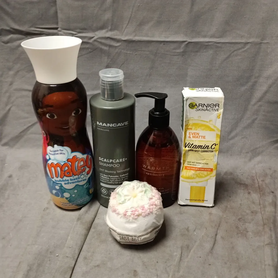 APPROXIMATELY 20 HEALTH AND BEAUTY PRODUCTS TO INCLUDE MATEY BUBBLE BATH, MANCAVE SCALP CARE SHAMPOO AND GARNIER DARK SPOT CORRECTION