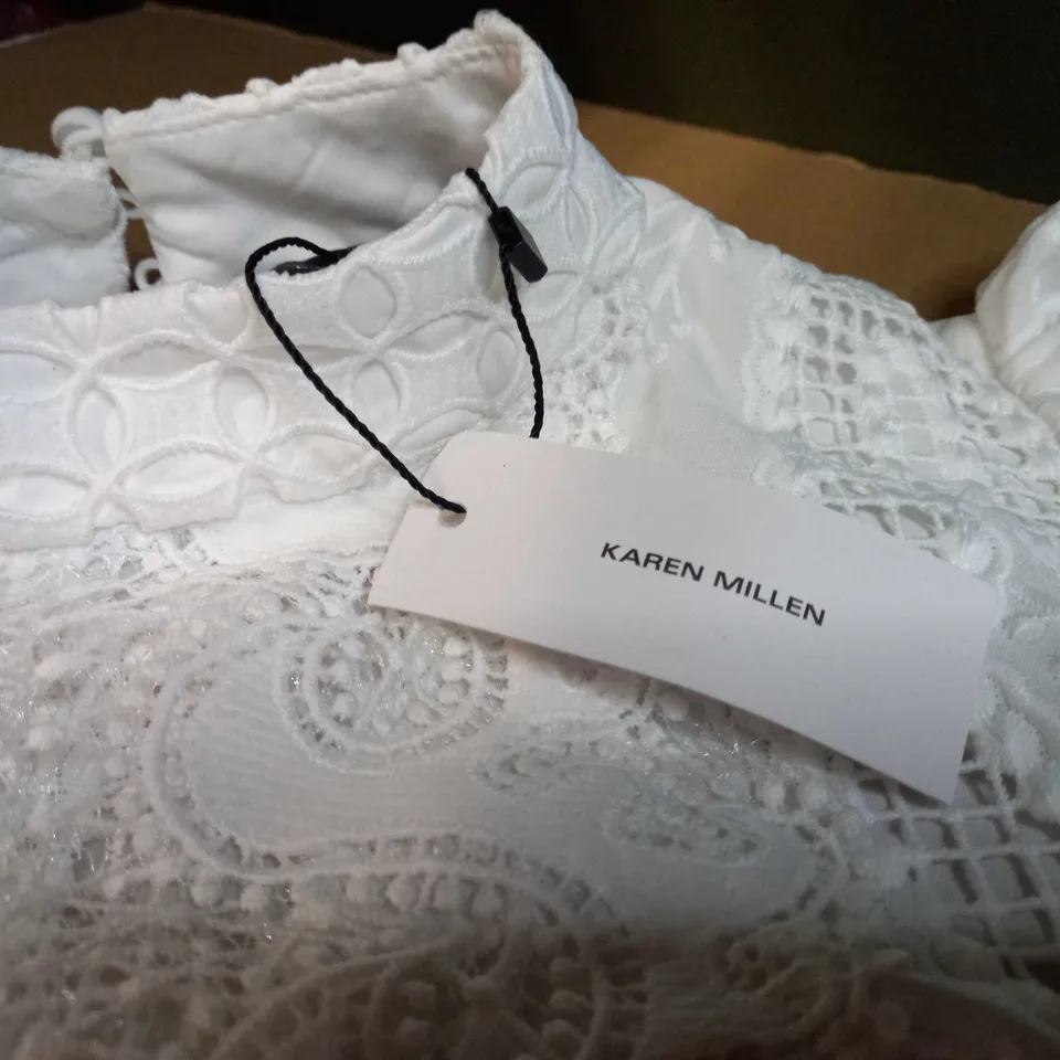 KAREN MILLEN WHITE LACE RUFFLE TRIM DETAILED WOVEN DRESS - SIZE 10