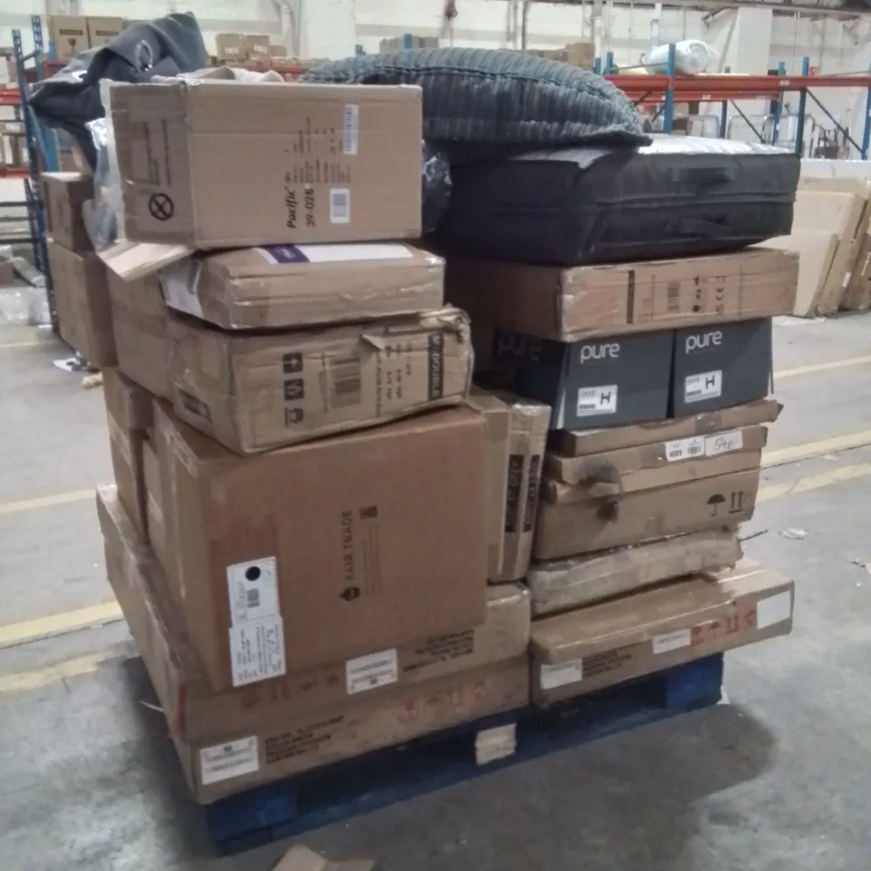 PALLET OF ASSORTED HOUSEHOLD GOODS AND PRODUCTS TO INCLUDE;TABLE,HEATED THROWS,RUGS,LIGHTS