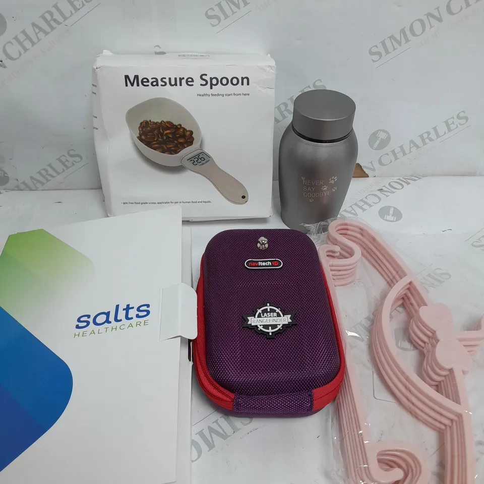 BOX OF APPROXIMATELY 10 ASSORTED ITEMS TO INCLUDE - MEASURING SPOON, URNE, CARRY CASE ETC