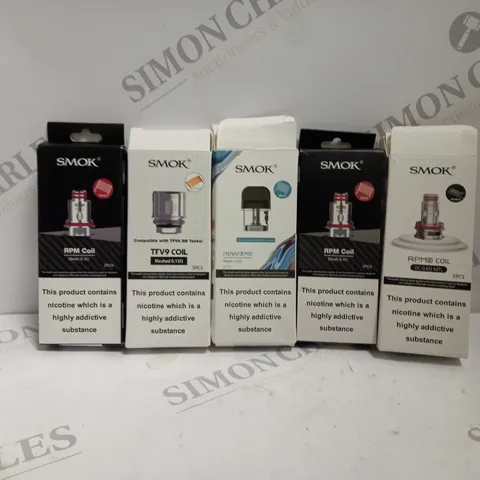 APPROXIMATELY 25 ASSORTED BOXED SMOK VAPING PRODUCTS TO INCLUDE RPM COIL, TFC9 COIL, NOVO 2 POD ETC.
