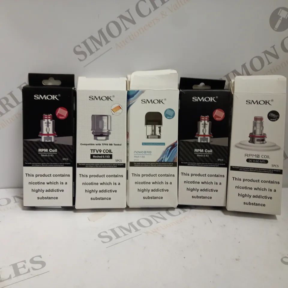APPROXIMATELY 25 ASSORTED BOXED SMOK VAPING PRODUCTS TO INCLUDE RPM COIL, TFC9 COIL, NOVO 2 POD ETC.