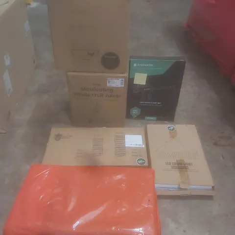 PALLET OF ASSORTED HOUSEHOLD GOODS AND PRODUCTS TO INCLUDE; OUTDOOR CAMPING MATTRESSES, FRUIT JUICER, FOOD PROCESSOR, BOXED FURNITURE ETC
