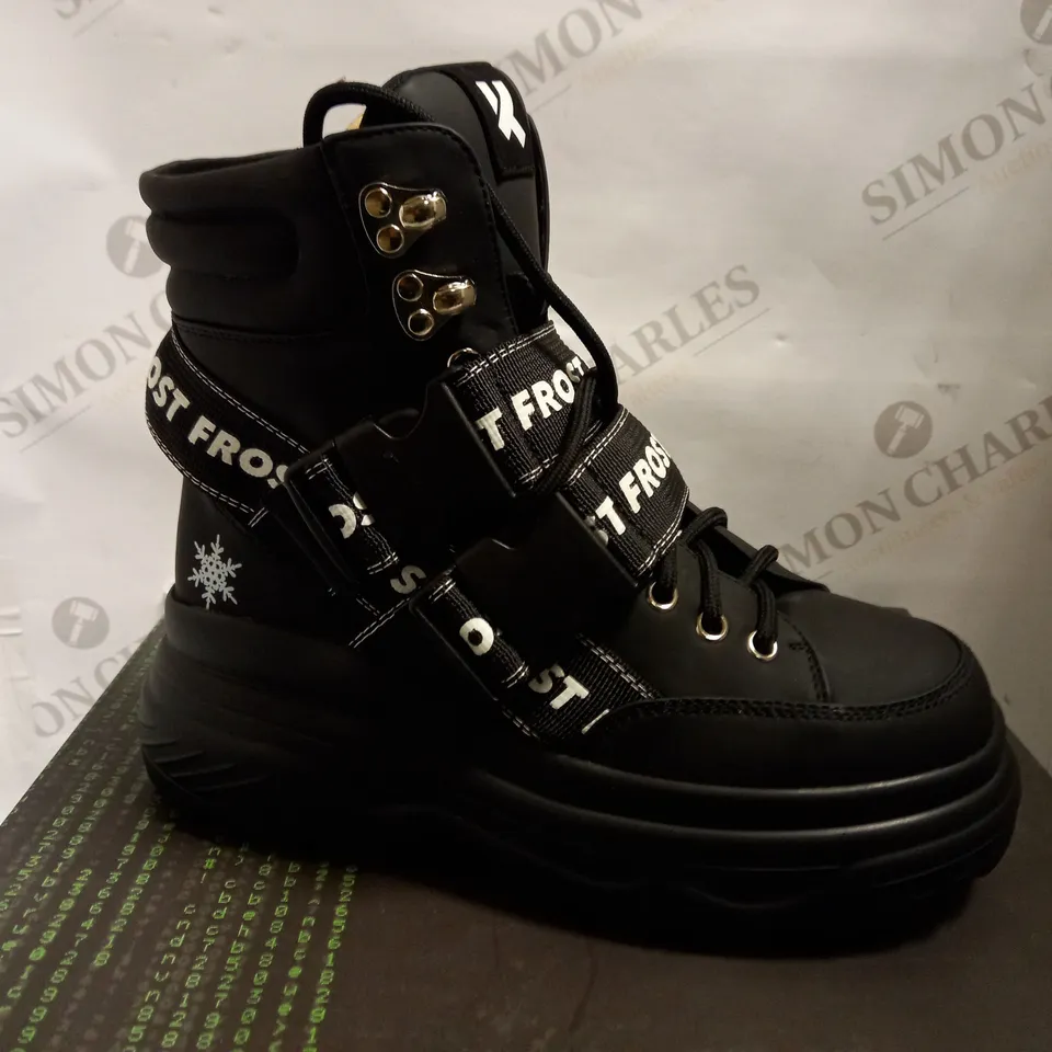 KOI VEGAN BLACK BUCKLE BOOTS WITH STRAPS - SIZE 4