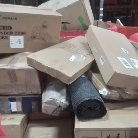 PALLET CONTAINING VARIOUS ASSORTED BOXED HOUSEHOLD ITEMS TO INCLUDE: UNDER DESK EXERCISE BIKES, LARGE DOOR MAT, SHOWER SYSTEM AND LOTS MORE UNMARKED BOXED ITEMS 