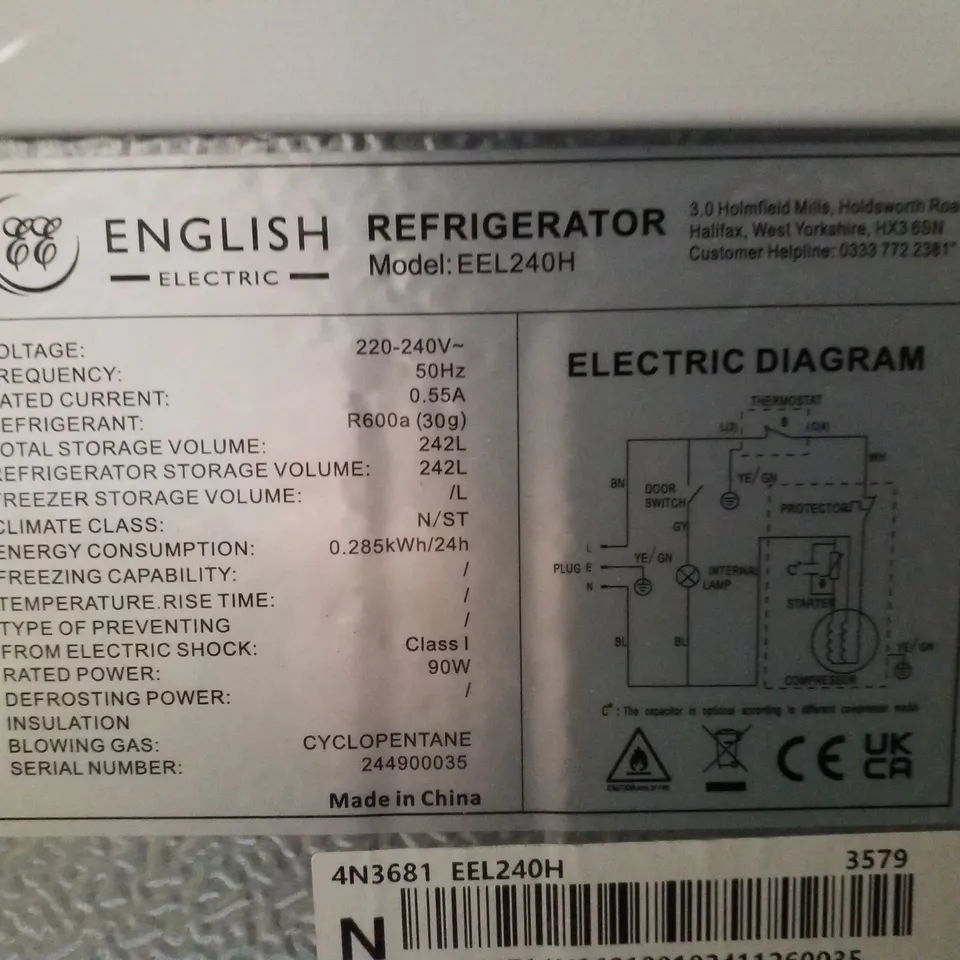 ENGLISH ELECTRIC EEL240H UPRIGHT LARDER FRIDGE 242L 55CM