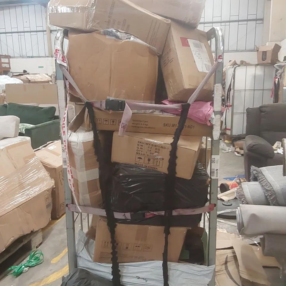 CAGE CONTAINING A LARGE QUANTITY OF ASSORTED ITEMS INCLUDING: GARDEN HOSE, CLOTHES HANGERS ECT // CAGE NOT INCLUDED
