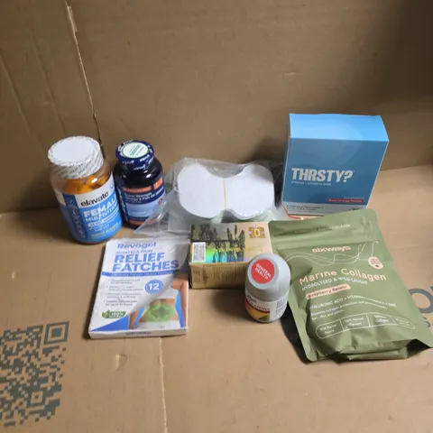APPROXIMATELY 15 ASSORTED VITAMIN/HEALTH AID PRODUCTS TO INCLUDE ELAVATE FEMALE MULTIVITAMINS, SIXWAYS MARINE COLLAGEN, RELIEF PATCHES, ETC - COLLECTION ONLY