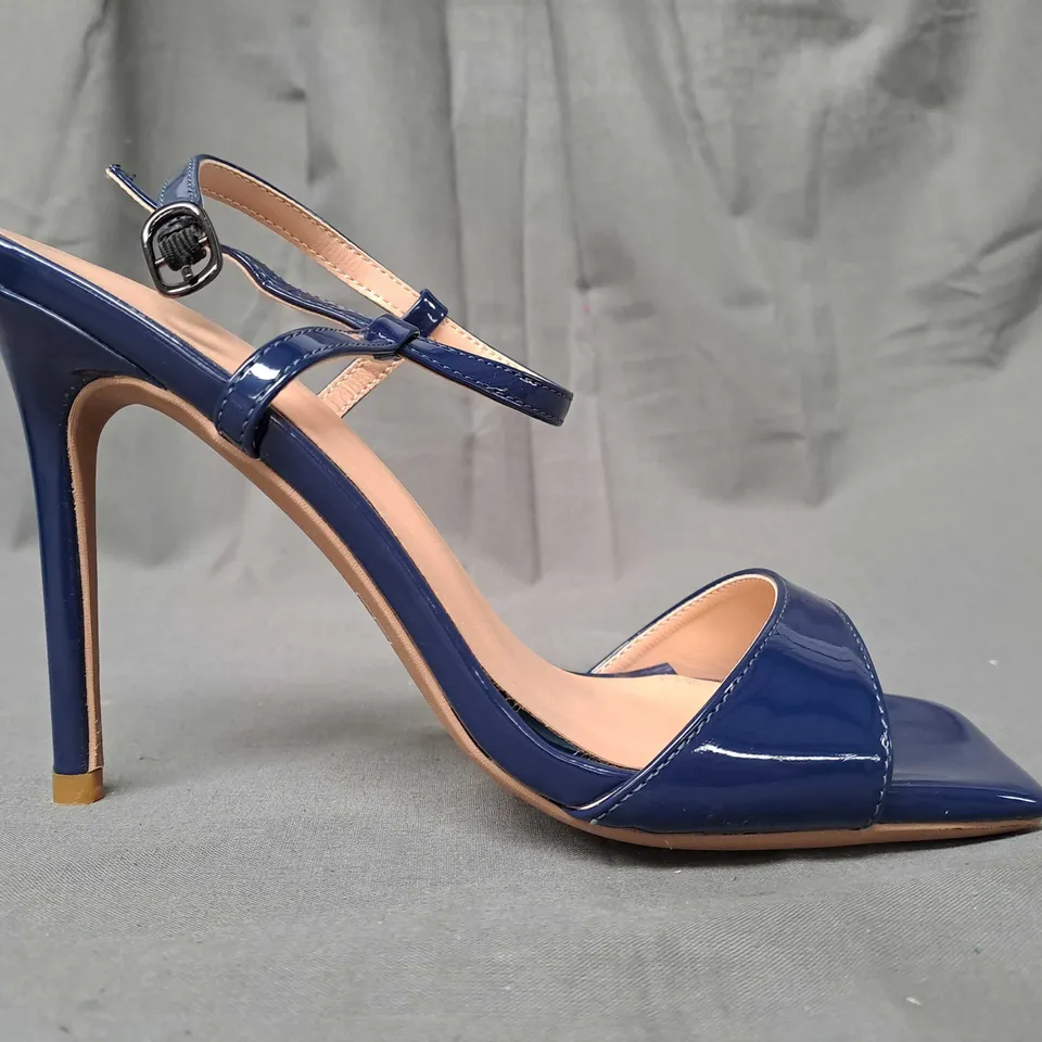 BOXED PAIR OF DESIGNER OPEN TOE HIGH HEEL SANDALS IN BLUE EU SIZE 36