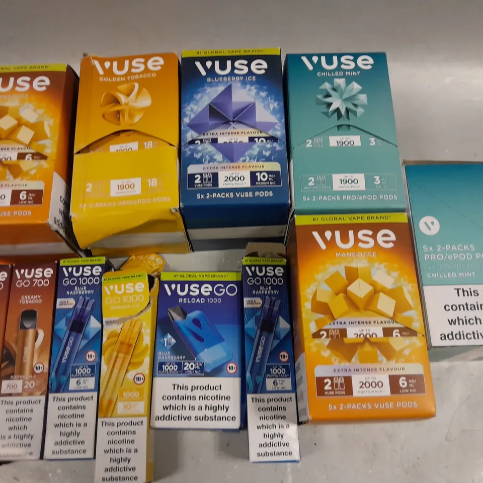LOT OF ASSORTED VUSE E-CIG SMOKING ITEMS TO INCLUDE GO 700 E-CIGS AND MULTI PACKS OF PODS