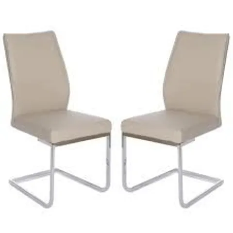 BRAND NEW BOXED SET OF 2 PRESTINA TAUPE FAUX LEATHER DINING CHAIRS WITH CHROME LEGS (1 BOX)