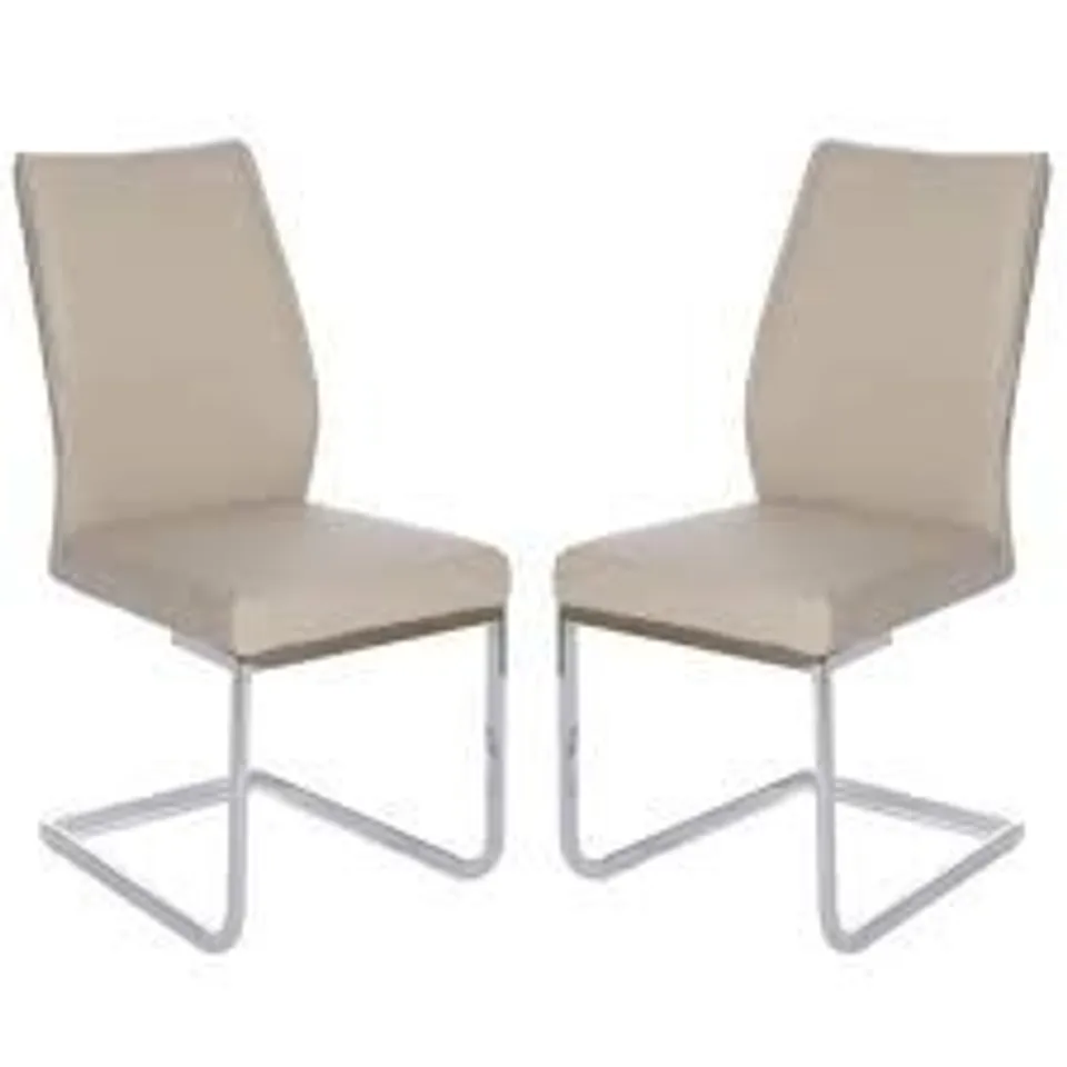 BRAND NEW BOXED SET OF 2 PRESTINA TAUPE FAUX LEATHER DINING CHAIRS WITH CHROME LEGS (1 BOX)