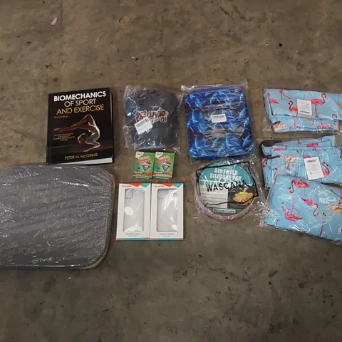 PALLET TO CONTAIN ASSORTED HOUSEHOLD ITEMS AND CONSUMER PRODUCTS. INCLUDING PHONE CASES, AIR FRYER SILICONE POT, BOOK, SWIMMING TRUNK, LUNCH BAGS ETC