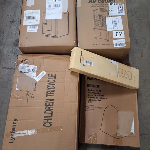 PALLET CONTAINING ASSORTED PRODUCTS INCLUDING AIR COOLER, CHILDREN'S TRICYCLE, TOILET SEAT, POWER STRIP & THERMOELECTRIC COOLER AND WARMER