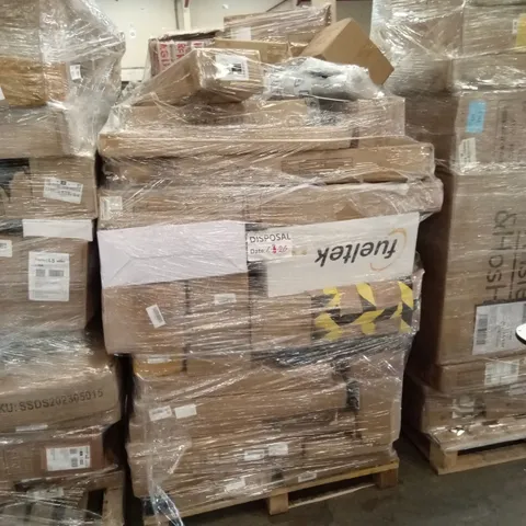 PALLET OF ASSORTED HOUSEHOLD GOODS AND PRODUCTS TO INCLUDE; FLATPACK FURNITURE, WATER SPRAY MOP, SAUCE PANS ETC
