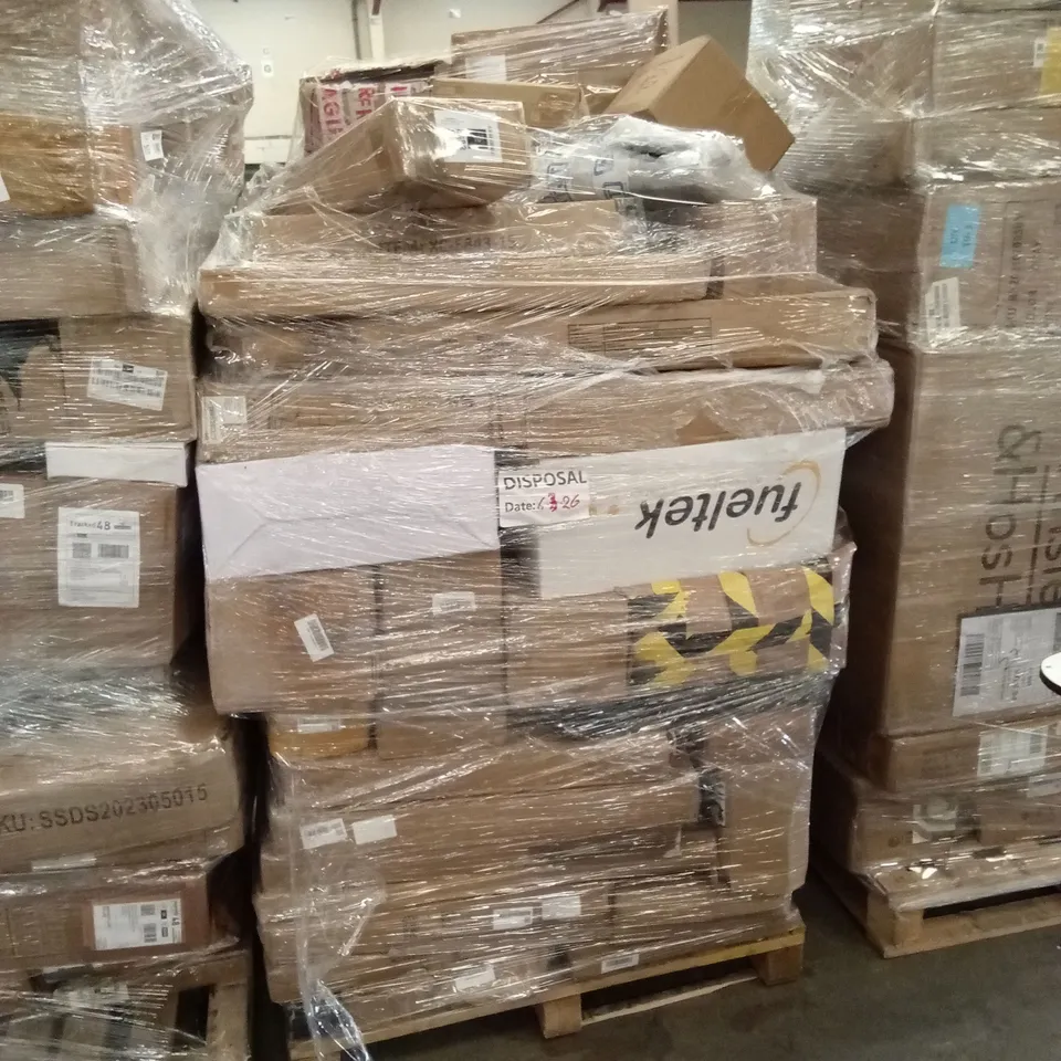 PALLET OF ASSORTED HOUSEHOLD GOODS AND PRODUCTS TO INCLUDE; FLATPACK FURNITURE, WATER SPRAY MOP, SAUCE PANS ETC