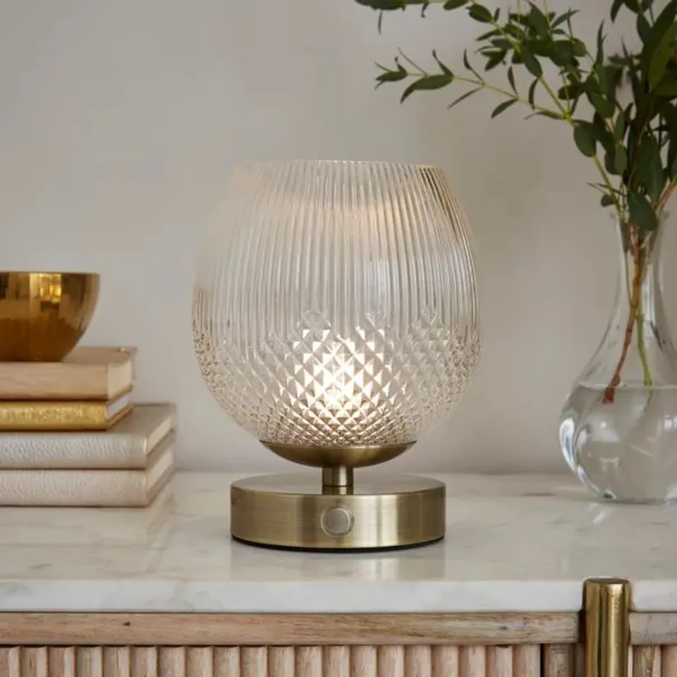 BOXED CASSIA PRESSED GLASS RECHARGEABLE TOUCH DIMMABLE TABLE LAMP - GOLD