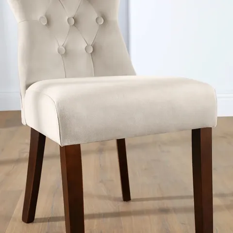 BOXED BEWLEY DINING CHAIR, CHAMPAGNE CLASSIC VELVET & DARK SOLID HARDWOOD 
