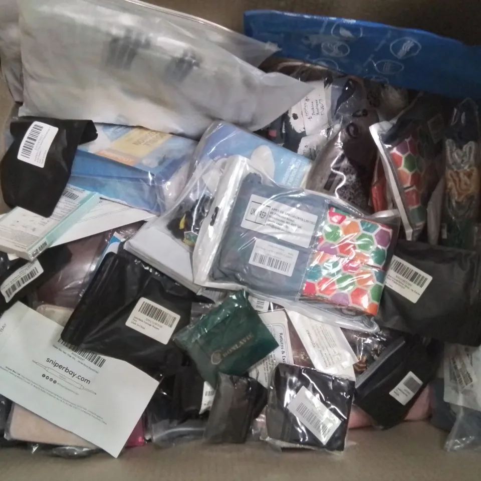 BOX CONTAINING LARGE AMOUNT OF MIXED FASHION ITEMS, SILVER PLATE AND COSTUME JEWELLERY, CLOTHING ITEMS ETC.