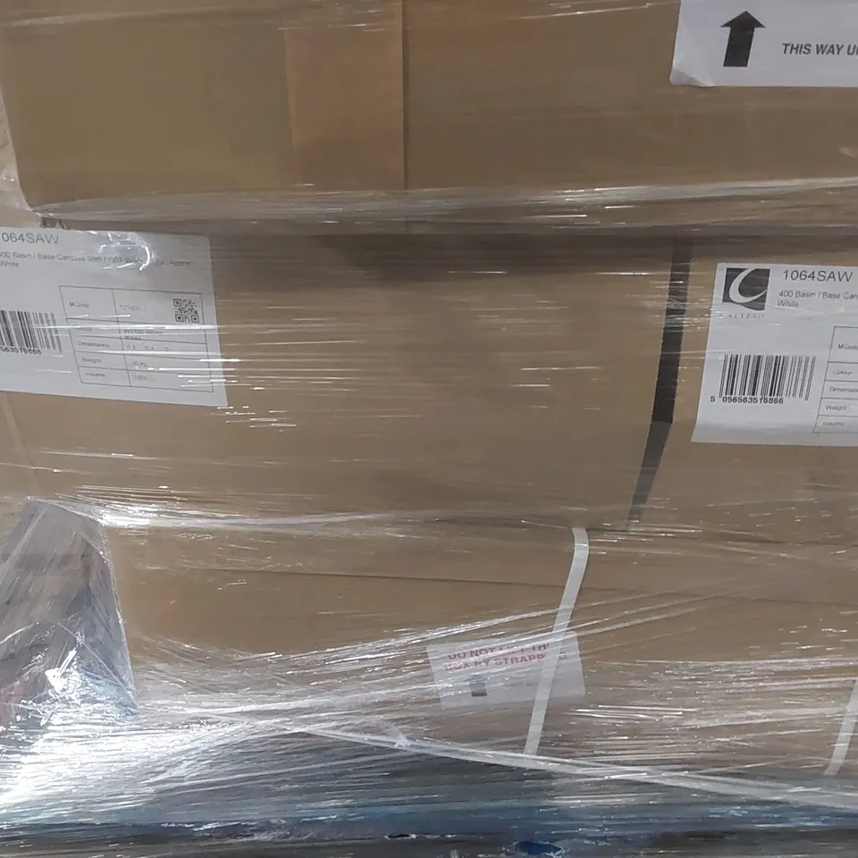 PALLET CONTAINING A LARGE QUANTITY OF ASSORTED BATHROOM FURNITURE PARTS INCLUDING: BASIN/BASE CARCASSES ECT