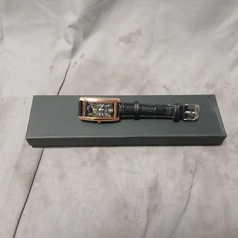 RECTANGULAR ROSE-GOLD TONE WRISTWATCH WITH BLACK CROC-EMBOSSED STRAP