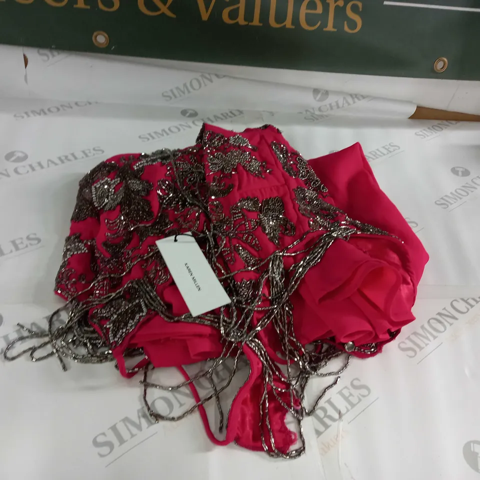 BEADED EMBROLLISHED FRINGED SATIN WOVEN SLIP DRESS HOT PINK SIZE 6