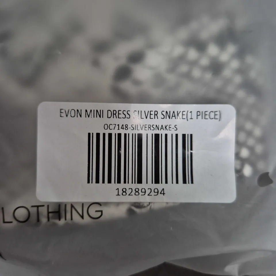 OUTCAST EVON MINI DRESS – SILVER SNAKE PRINT, SIZE S