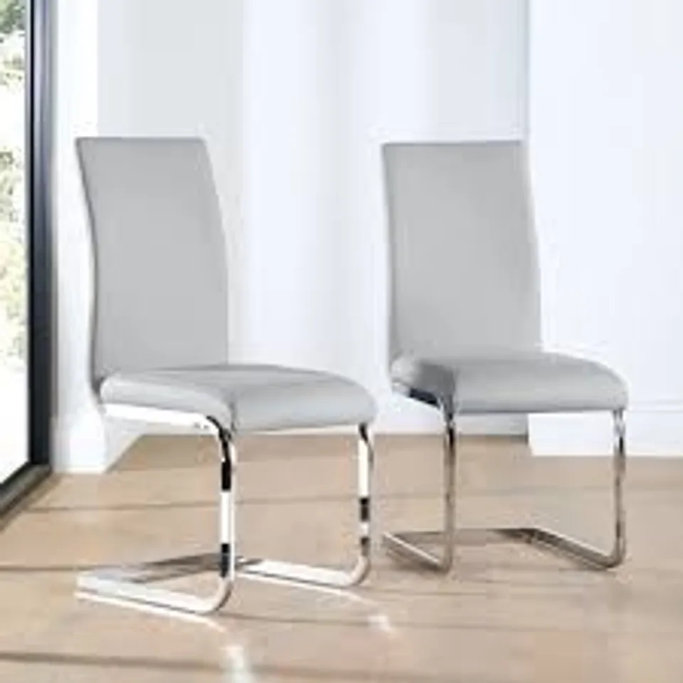 BOXED CELESTE DINING CHAIR, LIGHT GREY PREMIUM FAUX LEATHER & CHROME (1 BOX)