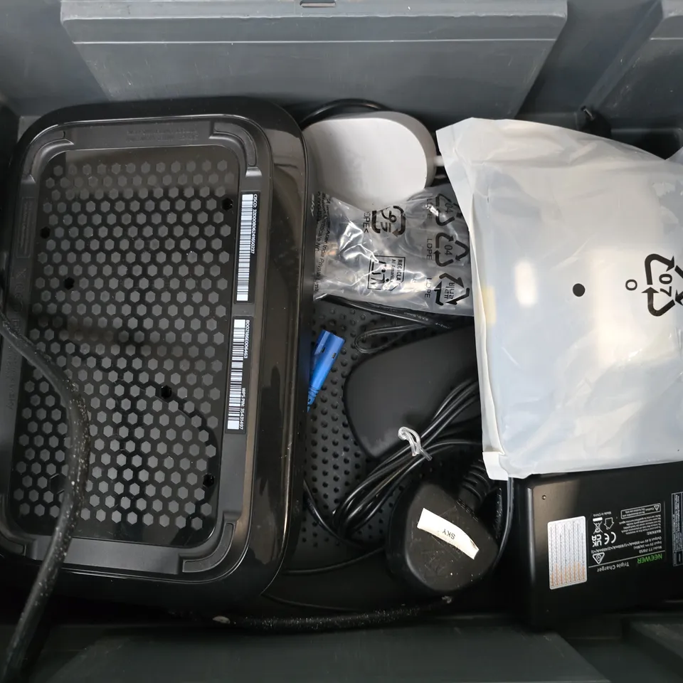 APPROXIMATELY 8 ASSORTED HOUSEHOLD ITEMS TO INCLUDE TV REMOTES, ROUTERS, CABLES, ETC