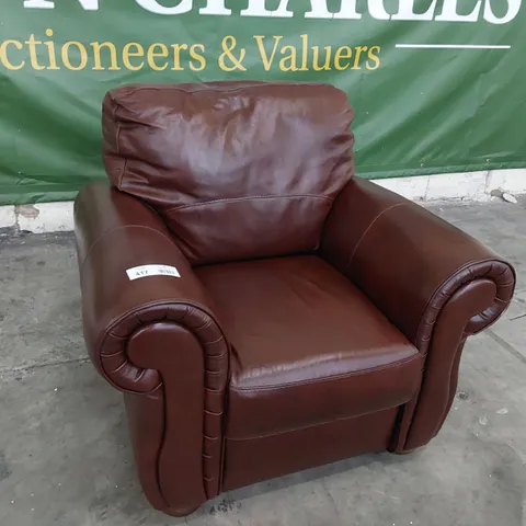 DESIGNER SCROLL ARM EASY CHAIR CHESTNUT LEATHER