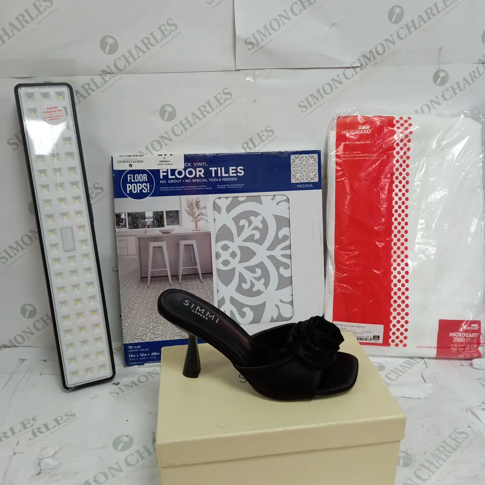BOX OF APPROXIMATELY 10 ASSORTED ITEMS TO INCLUDE FLOOR TILES, MICROGUARD, SHOES ETC