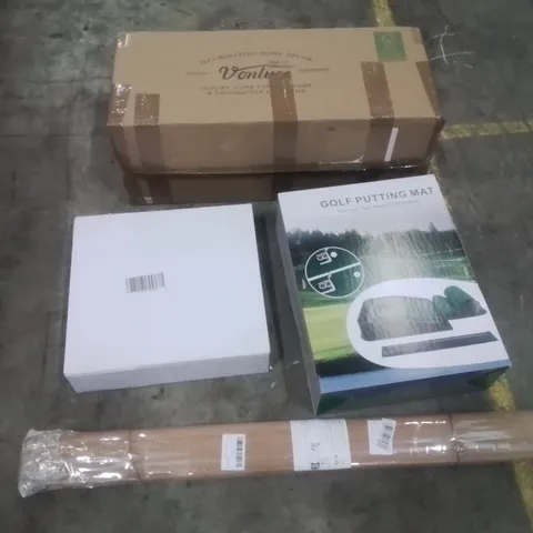 PALLET CONTAINING VARIOUS ASSORTED ITEMS TO INCLUDE:LIGHTING, VINYL RECORD FRAME,GOLF PUTTING MAT,BAMBOO CURTAIN AND OTHER ASSORTED ITEMS...