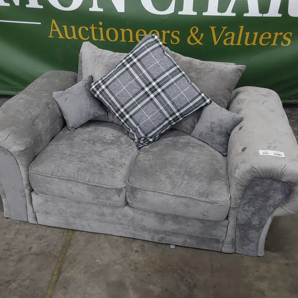 DESIGNER TWO SEATER SCROLL ARM SOFA GREY FABRIC WITH SCATTER CUSHIONS 