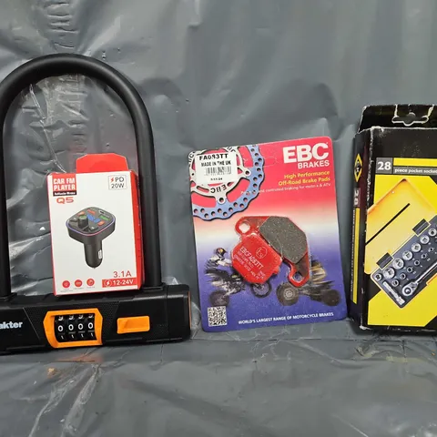 TOTE OF APPROXIMATELY 7 ASSORTED VEHICLE ITEMS TO INCLUDE - C.K SOCKET SET , EBC BRAKES PADS , CAR FM PLAYER ETC