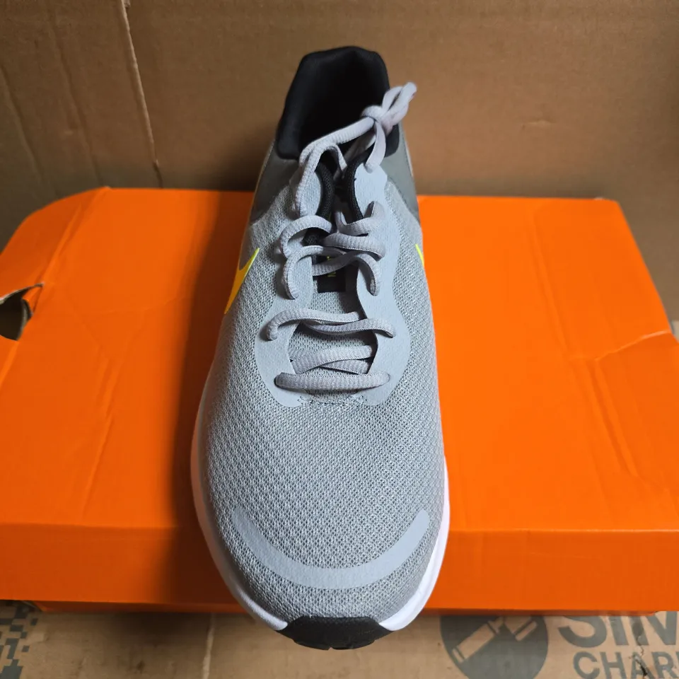 BOXED PAIR OF NIKE REVOLUTION 7 RUNNING SHOES – GREY/NEON SWOOSH, UK 10