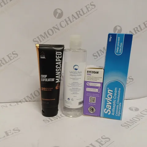 APPROXIMATELY 10 ASSORTED HEALTH AND BEAUTY PRODUCTS TO INCLUDE MANSCAPED CROP EXFOLIATOR, SAVLON ANTISEPTIC CREAM, HYCOSAN DUAL