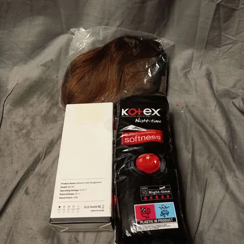 BOX OF APPROXIMATELY 8 ASSORTED COSMETIC ITEMS TO INCLUDE WIGS, WIRELESS HAIR STRAIGHTENER, KOTEX MAXI NIGHT TIME ETC