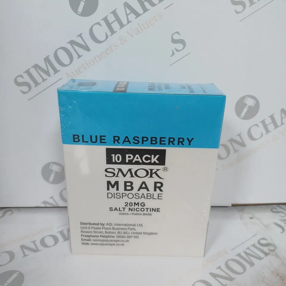 BOX OF APPROXIMATELY 10 BOXES OF BLUE RASPBERRY 10 PACK SMOK M BAR DISPOSABLE 20MG SALT NICOTINE